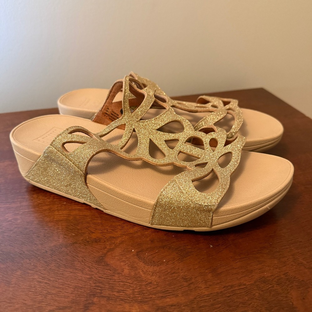 FitFlop Bumble Glitter Slide Sandals Gold Women's Size 9 Comfort Platform - Picture 2 of 6